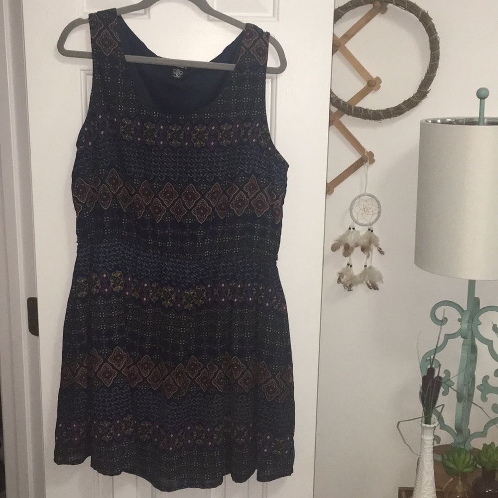 Feathers Geometric Print Dress Womens XXL Black Blue Boho Sleeveless Pockets